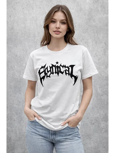 Kadın Bisiklet Yaka Ön Baskılı Kısa Kollu Tişört Streetwear Günlük Basic Pamuklu T-shirt - Beyaz