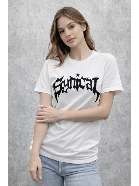 Kadın Bisiklet Yaka Ön Baskılı Kısa Kollu Tişört Streetwear Günlük Basic Pamuklu T-shirt - Beyaz