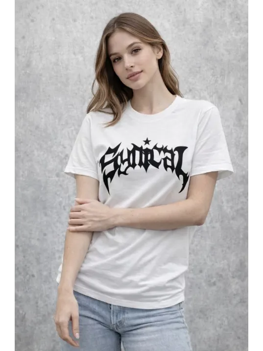Kadın Bisiklet Yaka Ön Baskılı Kısa Kollu Tişört Streetwear Günlük Basic Pamuklu T-shirt - Beyaz