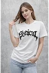 Kadın Bisiklet Yaka Ön Baskılı Kısa Kollu Tişört Streetwear Günlük Basic Pamuklu T-shirt - Beyaz