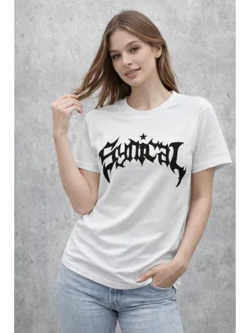 Kadın Bisiklet Yaka Ön Baskılı Kısa Kollu Tişört Streetwear Günlük Basic Pamuklu T-shirt - Beyaz Kadın Bisiklet Yaka Ön Baskılı Kısa Kollu Tişört Streetwear Günlük Basic Pamuklu T-shirt - Beyaz