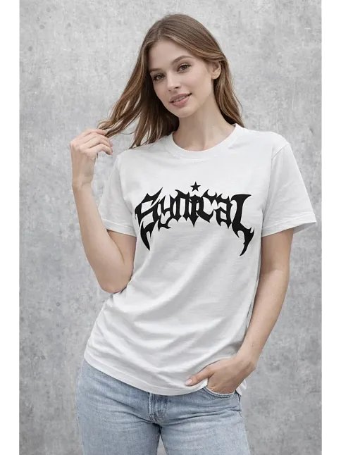Kadın Bisiklet Yaka Ön Baskılı Kısa Kollu Tişört Streetwear Günlük Basic Pamuklu T-shirt - Beyaz