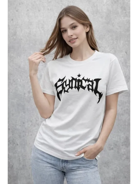 Kadın Bisiklet Yaka Ön Baskılı Kısa Kollu Tişört Streetwear Günlük Basic Pamuklu T-shirt - Beyaz