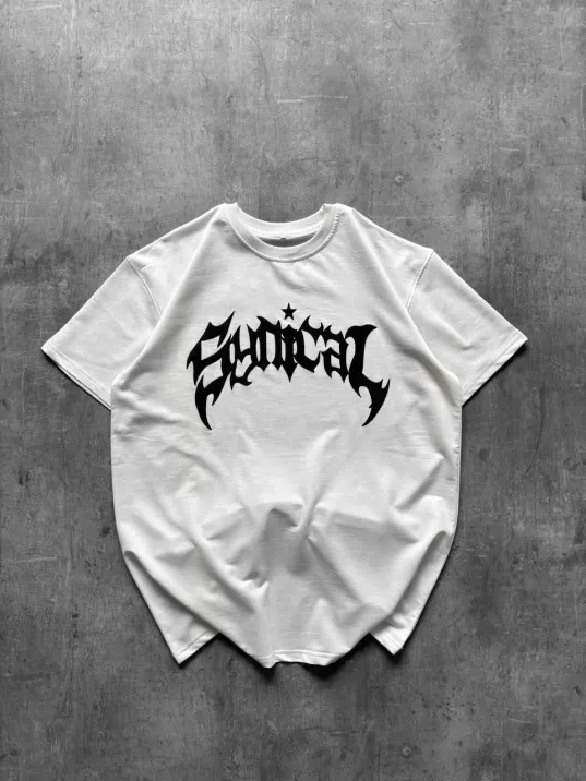 Kadın Bisiklet Yaka Ön Baskılı Kısa Kollu Tişört Streetwear Günlük Basic Pamuklu T-shirt - Beyaz