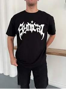 Erkek Bisiklet Yaka Ön Baskılı  Kısa Kollu Tişört Streetwear Günlük Basic Pamuklu T-shirt - Siyah
