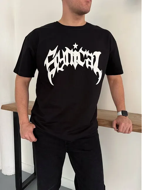 Erkek Bisiklet Yaka Ön Baskılı  Kısa Kollu Tişört Streetwear Günlük Basic Pamuklu T-shirt - Siyah