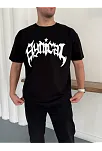 Erkek Bisiklet Yaka Ön Baskılı  Kısa Kollu Tişört Streetwear Günlük Basic Pamuklu T-shirt - Siyah