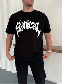 Erkek Bisiklet Yaka Ön Baskılı  Kısa Kollu Tişört Streetwear Günlük Basic Pamuklu T-shirt - Siyah