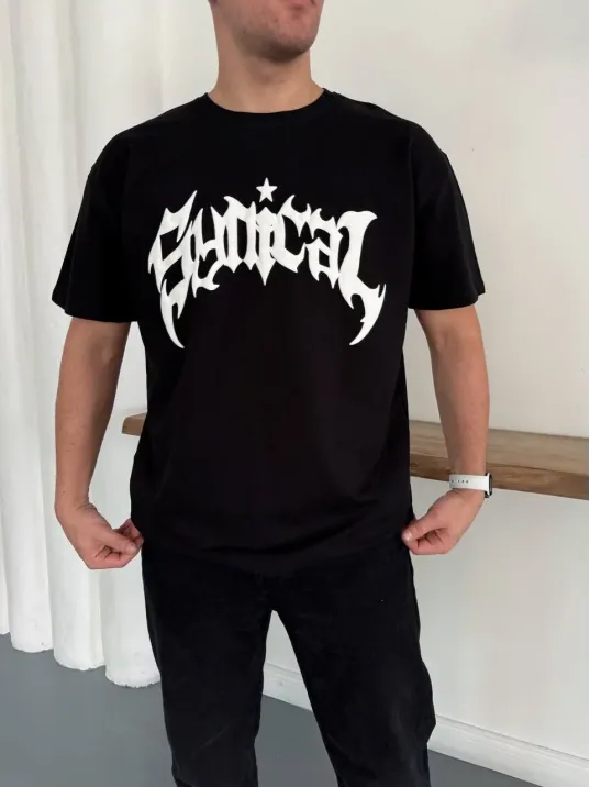 Erkek Bisiklet Yaka Ön Baskılı  Kısa Kollu Tişört Streetwear Günlük Basic Pamuklu T-shirt - Siyah