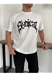 Erkek Bisiklet Yaka Ön Baskılı Kısa Kollu Tişört Streetwear Günlük Basic Pamuklu T-shirt - Beyaz