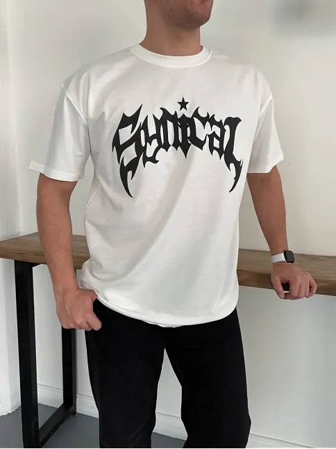 Erkek Bisiklet Yaka Ön Baskılı Kısa Kollu Tişört Streetwear Günlük Basic Pamuklu T-shirt - Beyaz