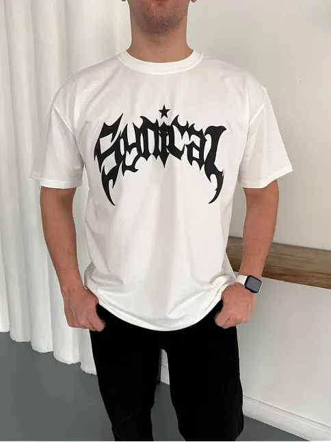 Erkek Bisiklet Yaka Ön Baskılı Kısa Kollu Tişört Streetwear Günlük Basic Pamuklu T-shirt - Beyaz