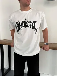 Erkek Bisiklet Yaka Ön Baskılı Kısa Kollu Tişört Streetwear Günlük Basic Pamuklu T-shirt - Beyaz