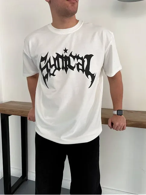 Erkek Bisiklet Yaka Ön Baskılı Kısa Kollu Tişört Streetwear Günlük Basic Pamuklu T-shirt - Beyaz
