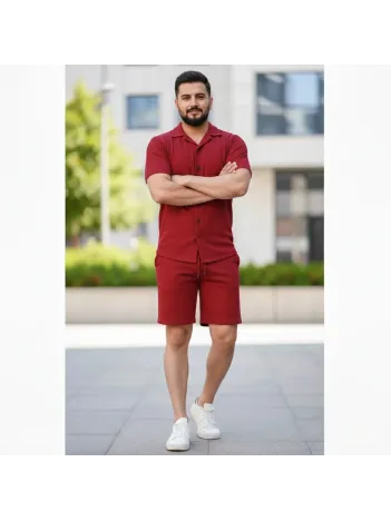Erkek Waffle Kumaş Kısa Kollu Gömlek Şort Takım Regular Fit Yazlık İkili Set - Bordo