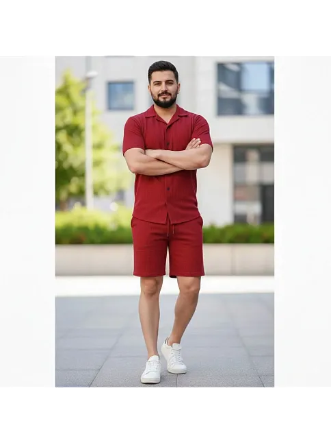 Erkek Waffle Kumaş Kısa Kollu Gömlek Şort Takım Regular Fit Yazlık İkili Set - Bordo
