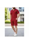 Erkek Waffle Kumaş Kısa Kollu Gömlek Şort Takım Regular Fit Yazlık İkili Set - Bordo