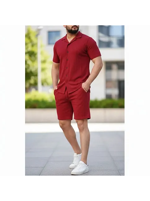 Erkek Waffle Kumaş Kısa Kollu Gömlek Şort Takım Regular Fit Yazlık İkili Set - Bordo