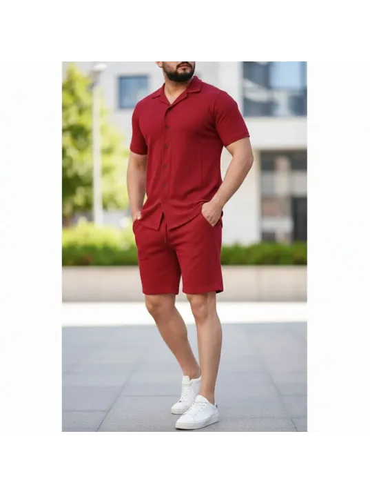 Erkek Waffle Kumaş Kısa Kollu Gömlek Şort Takım Regular Fit Yazlık İkili Set - Bordo