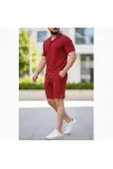 Erkek Waffle Kumaş Kısa Kollu Gömlek Şort Takım Regular Fit Yazlık İkili Set - Bordo