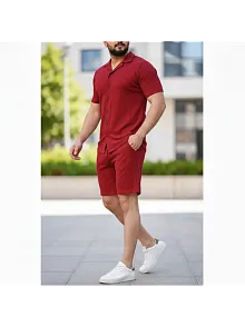 Erkek Waffle Kumaş Kısa Kollu Gömlek Şort Takım Regular Fit Yazlık İkili Set - Bordo