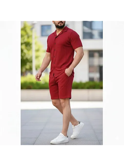 Erkek Waffle Kumaş Kısa Kollu Gömlek Şort Takım Regular Fit Yazlık İkili Set - Bordo