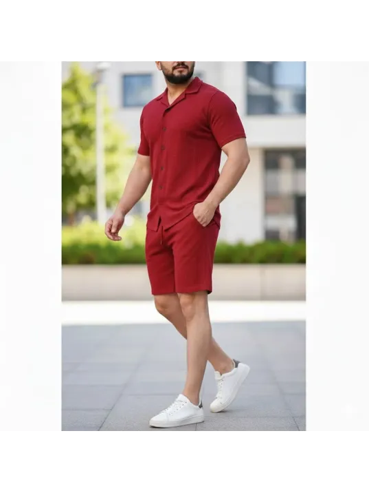 Erkek Waffle Kumaş Kısa Kollu Gömlek Şort Takım Regular Fit Yazlık İkili Set - Bordo