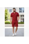 Erkek Waffle Kumaş Kısa Kollu Gömlek Şort Takım Regular Fit Yazlık İkili Set - Bordo