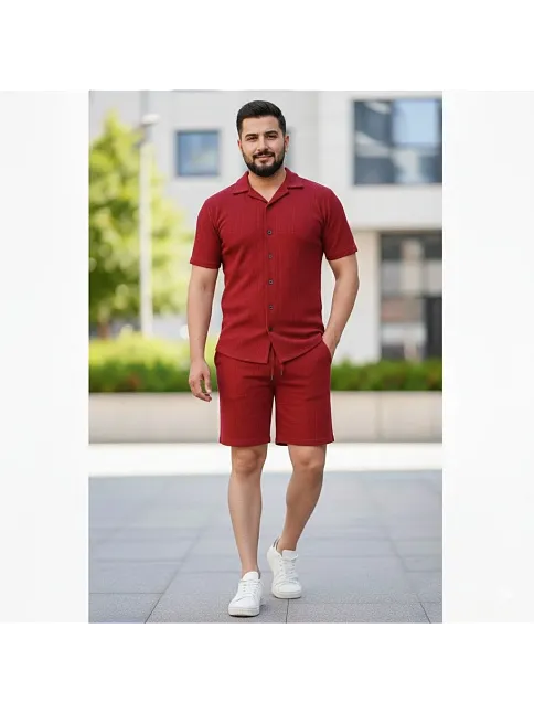 Erkek Waffle Kumaş Kısa Kollu Gömlek Şort Takım Regular Fit Yazlık İkili Set - Bordo