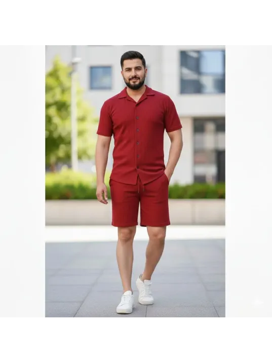 Erkek Waffle Kumaş Kısa Kollu Gömlek Şort Takım Regular Fit Yazlık İkili Set - Bordo