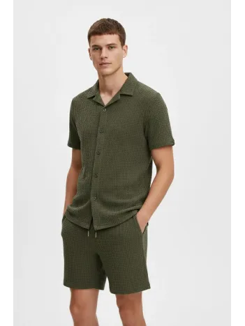 Erkek Waffle Kumaş Kısa Kollu Gömlek Şort Takım Regular Fit Yazlık İkili Set - Haki
