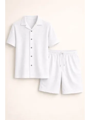 Erkek Waffle Kumaş Kısa Kollu Gömlek Şort Takım Regular Fit Yazlık İkili Set - Beyaz Erkek Waffle Kumaş Kısa Kollu Gömlek Şort Takım Regular Fit Yazlık İkili Set - Beyaz