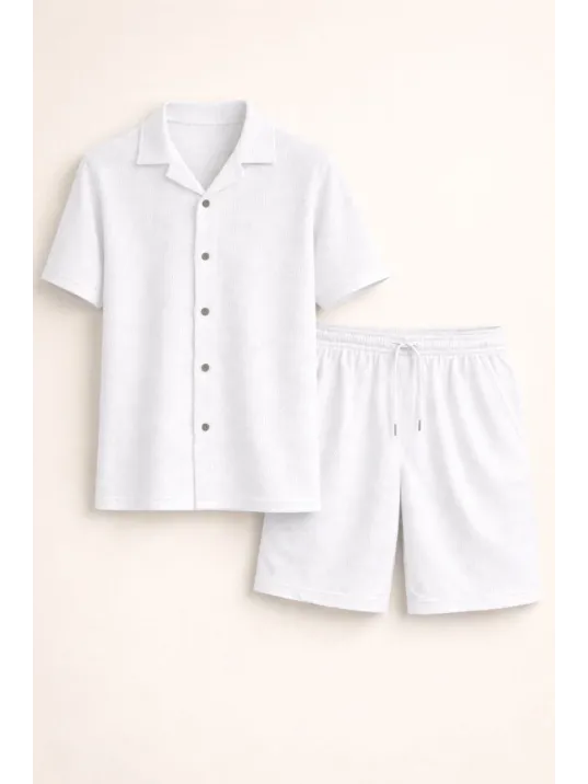 Erkek Waffle Kumaş Kısa Kollu Gömlek Şort Takım Regular Fit Yazlık İkili Set - Beyaz Erkek Waffle Kumaş Kısa Kollu Gömlek Şort Takım Regular Fit Yazlık İkili Set - Beyaz