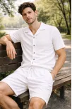 Erkek Waffle Kumaş Kısa Kollu Gömlek Şort Takım Regular Fit Yazlık İkili Set - Beyaz Erkek Waffle Kumaş Kısa Kollu Gömlek Şort Takım Regular Fit Yazlık İkili Set - Beyaz
