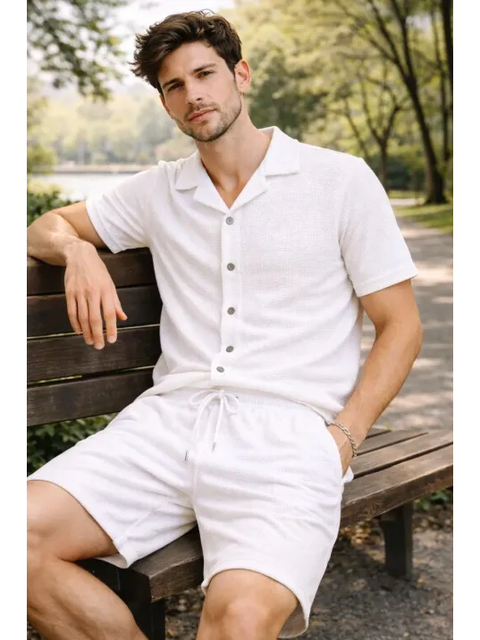 Erkek Waffle Kumaş Kısa Kollu Gömlek Şort Takım Regular Fit Yazlık İkili Set - Beyaz Erkek Waffle Kumaş Kısa Kollu Gömlek Şort Takım Regular Fit Yazlık İkili Set - Beyaz
