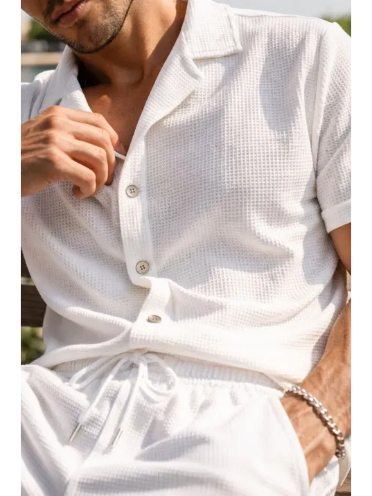 Erkek Waffle Kumaş Kısa Kollu Gömlek Şort Takım Regular Fit Yazlık İkili Set - Beyaz Erkek Waffle Kumaş Kısa Kollu Gömlek Şort Takım Regular Fit Yazlık İkili Set - Beyaz