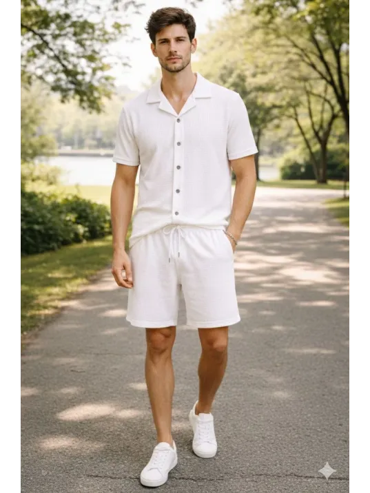 Erkek Waffle Kumaş Kısa Kollu Gömlek Şort Takım Regular Fit Yazlık İkili Set - Beyaz Erkek Waffle Kumaş Kısa Kollu Gömlek Şort Takım Regular Fit Yazlık İkili Set - Beyaz