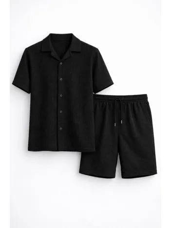 Erkek Waffle Kumaş Kısa Kollu Gömlek Şort Takım Regular Fit Yazlık İkili Set - Siyah Erkek Waffle Kumaş Kısa Kollu Gömlek Şort Takım Regular Fit Yazlık İkili Set - Siyah