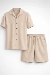 Erkek Waffle Kumaş Kısa Kollu Gömlek Şort Takım Regular Fit Yazlık İkili Set - Bej