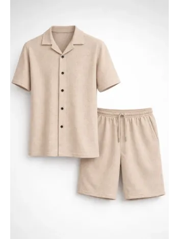 Erkek Waffle Kumaş Kısa Kollu Gömlek Şort Takım Regular Fit Yazlık İkili Set - Bej Erkek Waffle Kumaş Kısa Kollu Gömlek Şort Takım Regular Fit Yazlık İkili Set - Bej