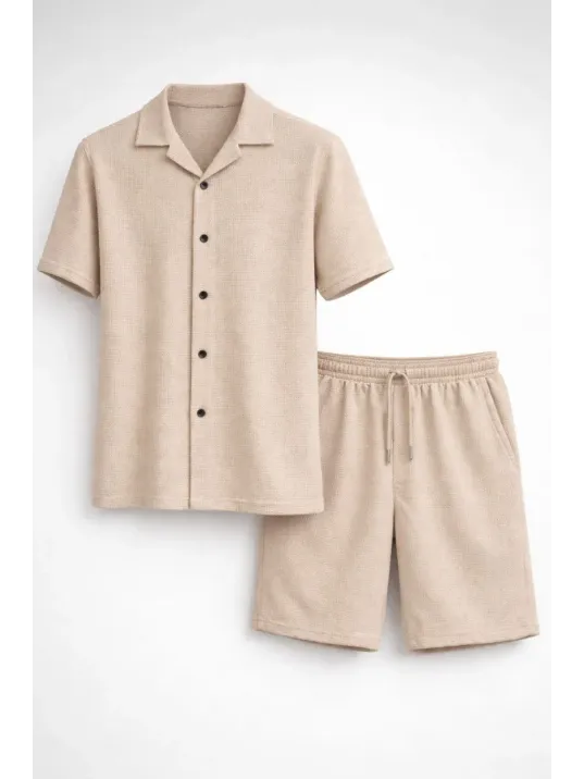 Erkek Waffle Kumaş Kısa Kollu Gömlek Şort Takım Regular Fit Yazlık İkili Set - Bej