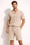 Erkek Waffle Kumaş Kısa Kollu Gömlek Şort Takım Regular Fit Yazlık İkili Set - Bej