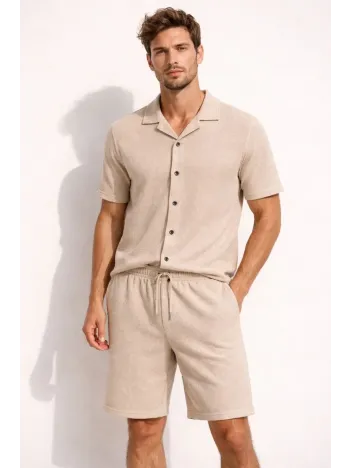 Erkek Waffle Kumaş Kısa Kollu Gömlek Şort Takım Regular Fit Yazlık İkili Set - Bej