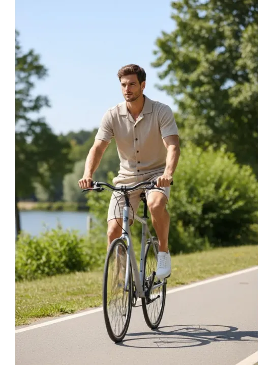 Erkek Waffle Kumaş Kısa Kollu Gömlek Şort Takım Regular Fit Yazlık İkili Set - Bej