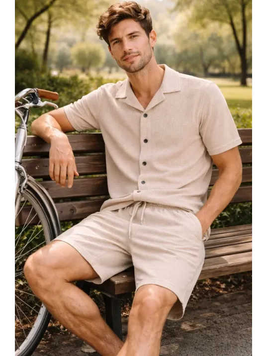 Erkek Waffle Kumaş Kısa Kollu Gömlek Şort Takım Regular Fit Yazlık İkili Set - Bej