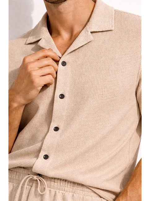 Erkek Waffle Kumaş Kısa Kollu Gömlek Şort Takım Regular Fit Yazlık İkili Set - Bej