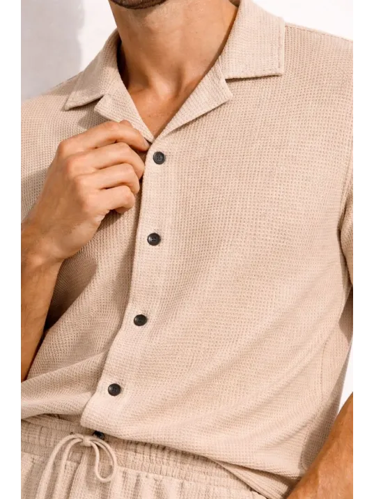Erkek Waffle Kumaş Kısa Kollu Gömlek Şort Takım Regular Fit Yazlık İkili Set - Bej