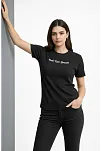 Kadın Wafıl Kumaş Tişört Regular Kalıp Bisiklet Yaka Baskılı Günlük Basic T-shirt - Siyah