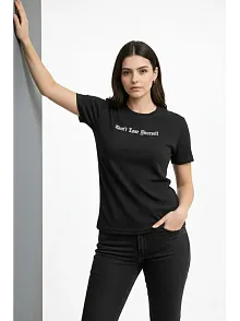 Kadın Wafıl Kumaş Tişört Regular Kalıp Bisiklet Yaka Baskılı Günlük Basic T-shirt - Siyah