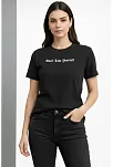 Kadın Wafıl Kumaş Tişört Regular Kalıp Bisiklet Yaka Baskılı Günlük Basic T-shirt - Siyah